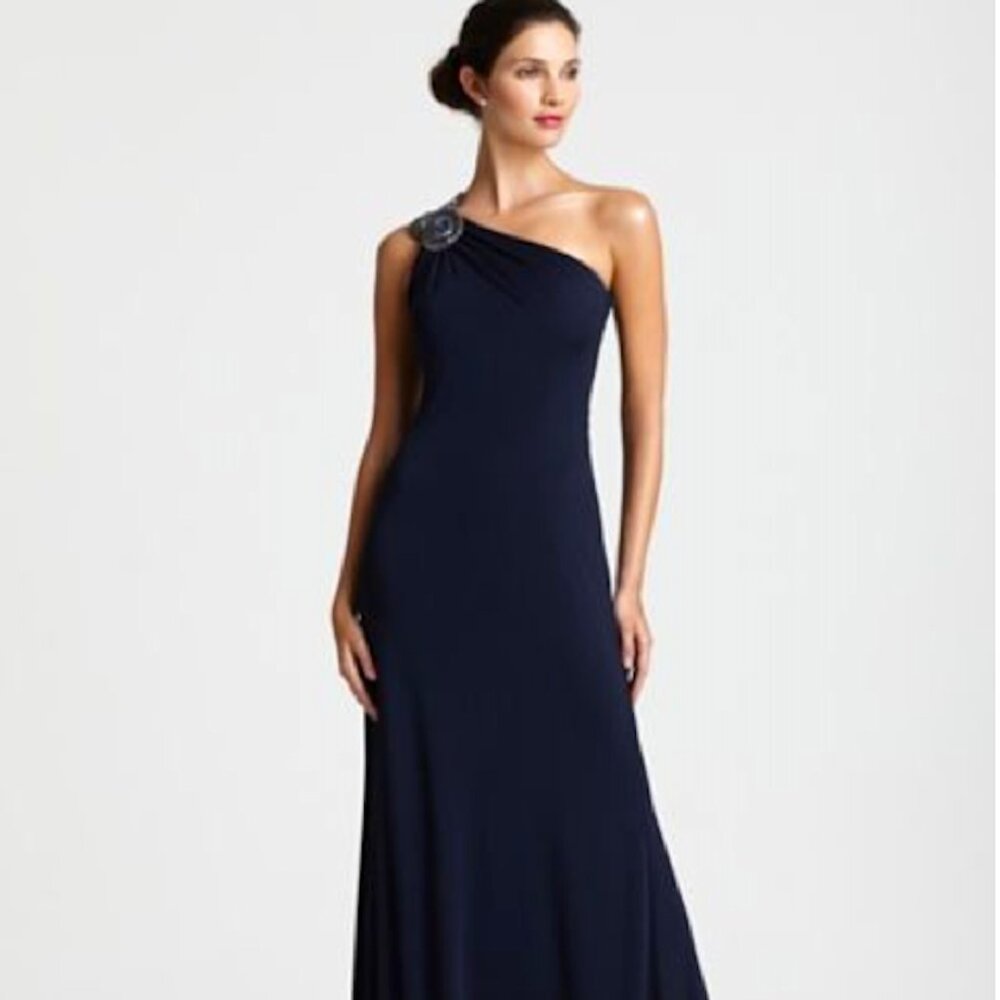 David Meister One Shoulder Blue Jeweled Sheath Gown, Size 12 New With Tags